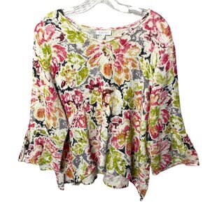 Habitat Women's Floral Print Bell Sleeve Pullover Top Size XL Cotton Linen Blend